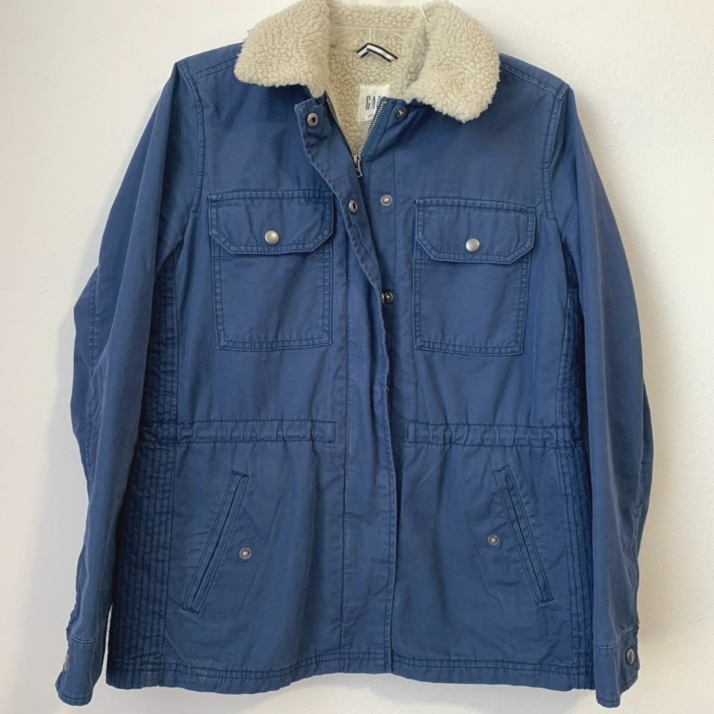 GAP Utility Field Jacket Womens Medium Blue Borg Collar Faux Shearling Excellent